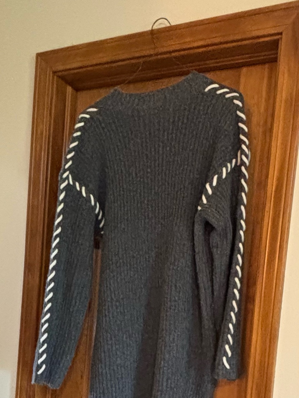 Charcoal Gray Knit Sweater Dress with White Braid Detail
